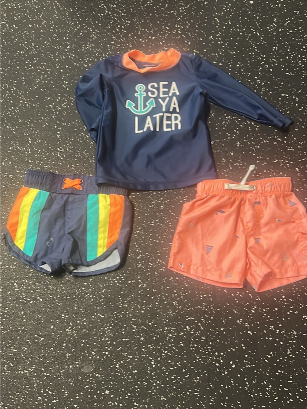 Kids Navy 'Sea Ya Later' Rash Guard Set with Orange Swim Shorts